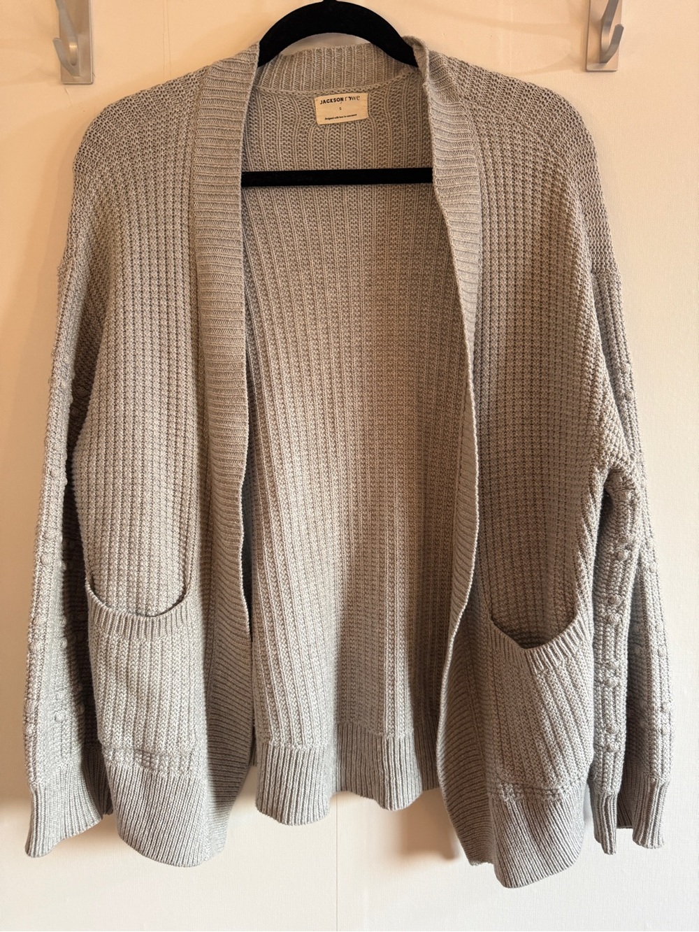 Jackson Rowe Grey Cotton Open Front Cardigan Small Chunky Knit Boho Cozy